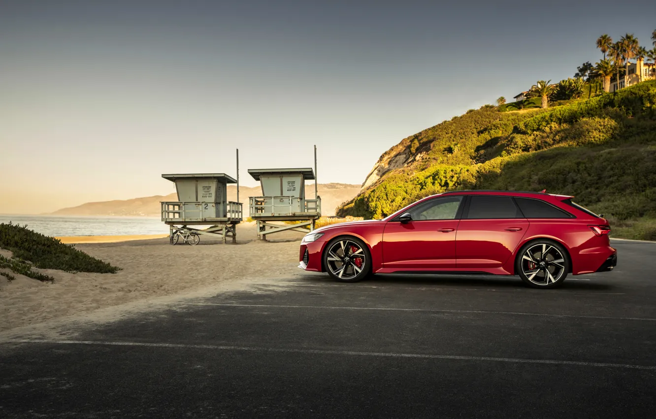 Фото обои красный, Audi, стоянка, вид сбоку, универсал, RS 6, 2020, 2019