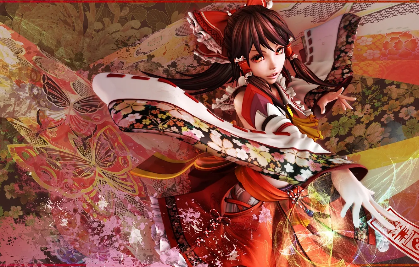 Фото обои девушка, бабочки, абстракция, иероглифы, кимоно, бант, touhou, карточка