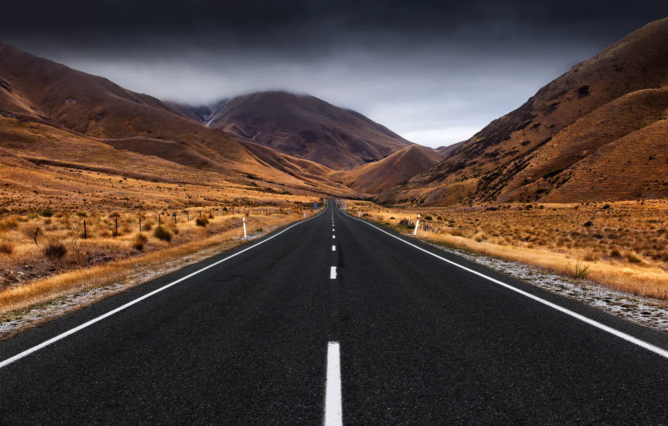 Фото обои дорога, гроза, облака, горы, Новая Зеландия, Южный остров, Линдис Пасс
