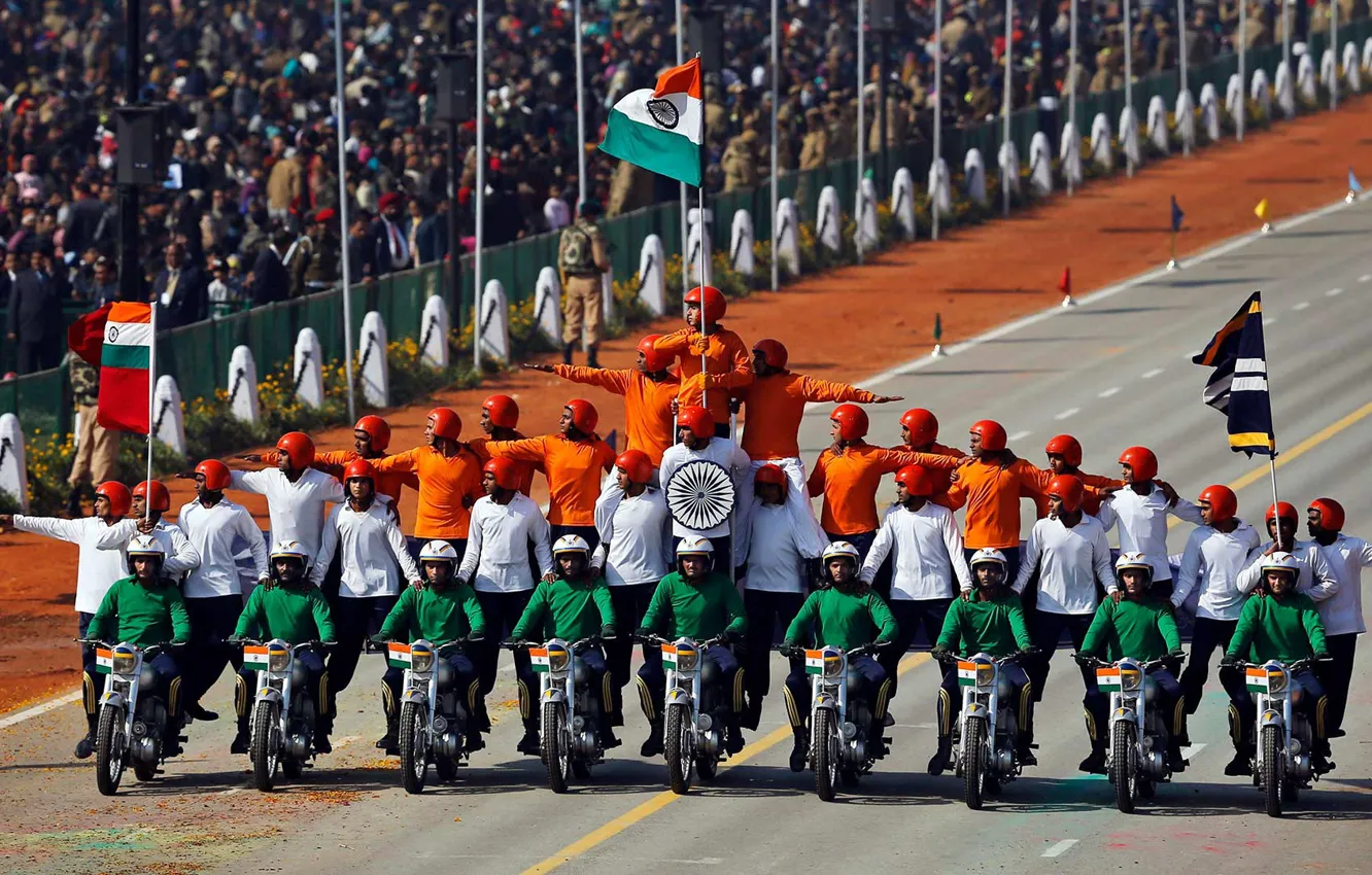 Фото обои Индия, парад, мотоциклисты, Нью-Дели, День республики, проспект Раджпатх