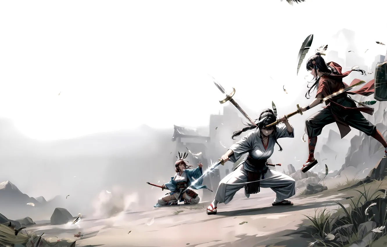 Фото обои girl, sword, fantasy, weapon, katana, battle, digital art, fighting
