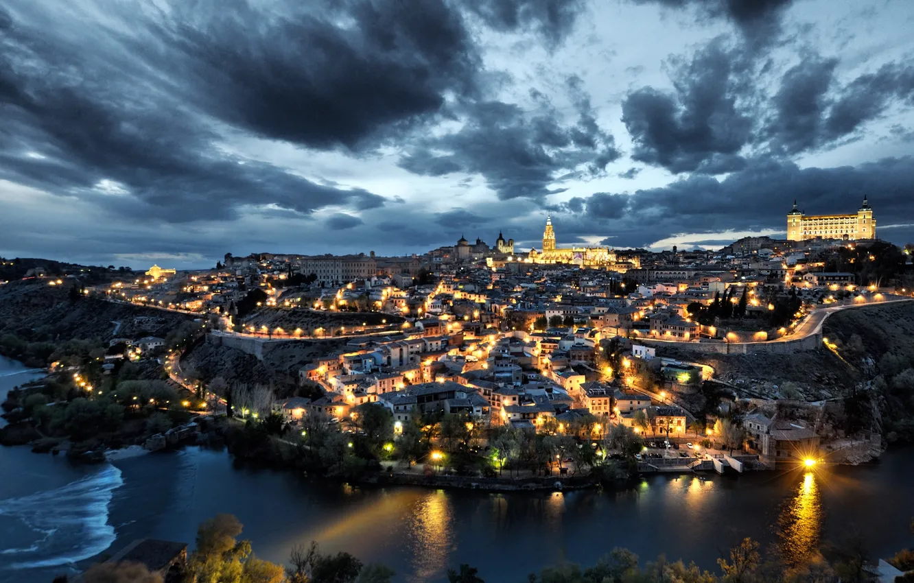 Фото обои Сумерки, Испания, Толедо, Spain, Toledo, река Тахо, Dusk, Small Town