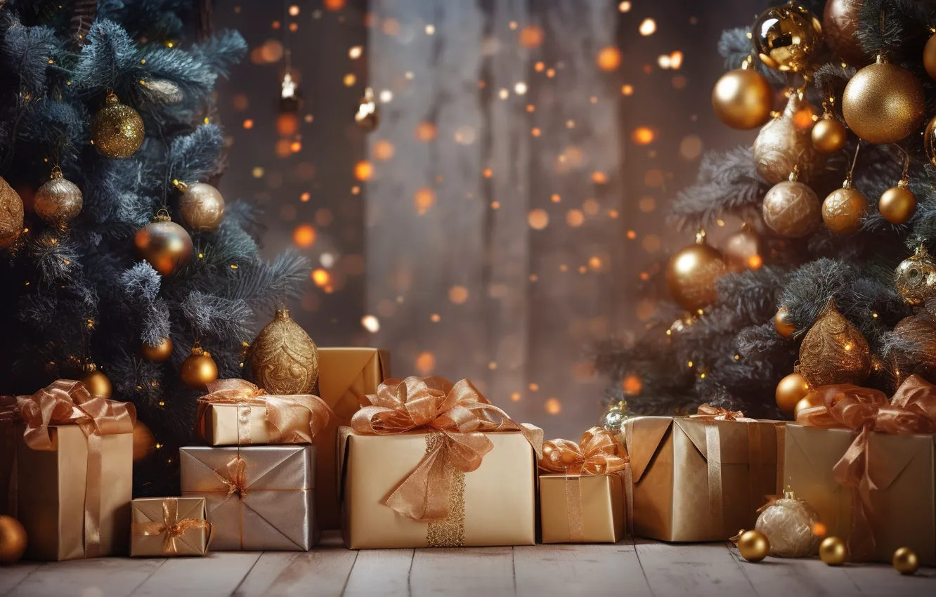Фото обои украшения, шары, елка, Новый Год, Рождество, подарки, golden, new year