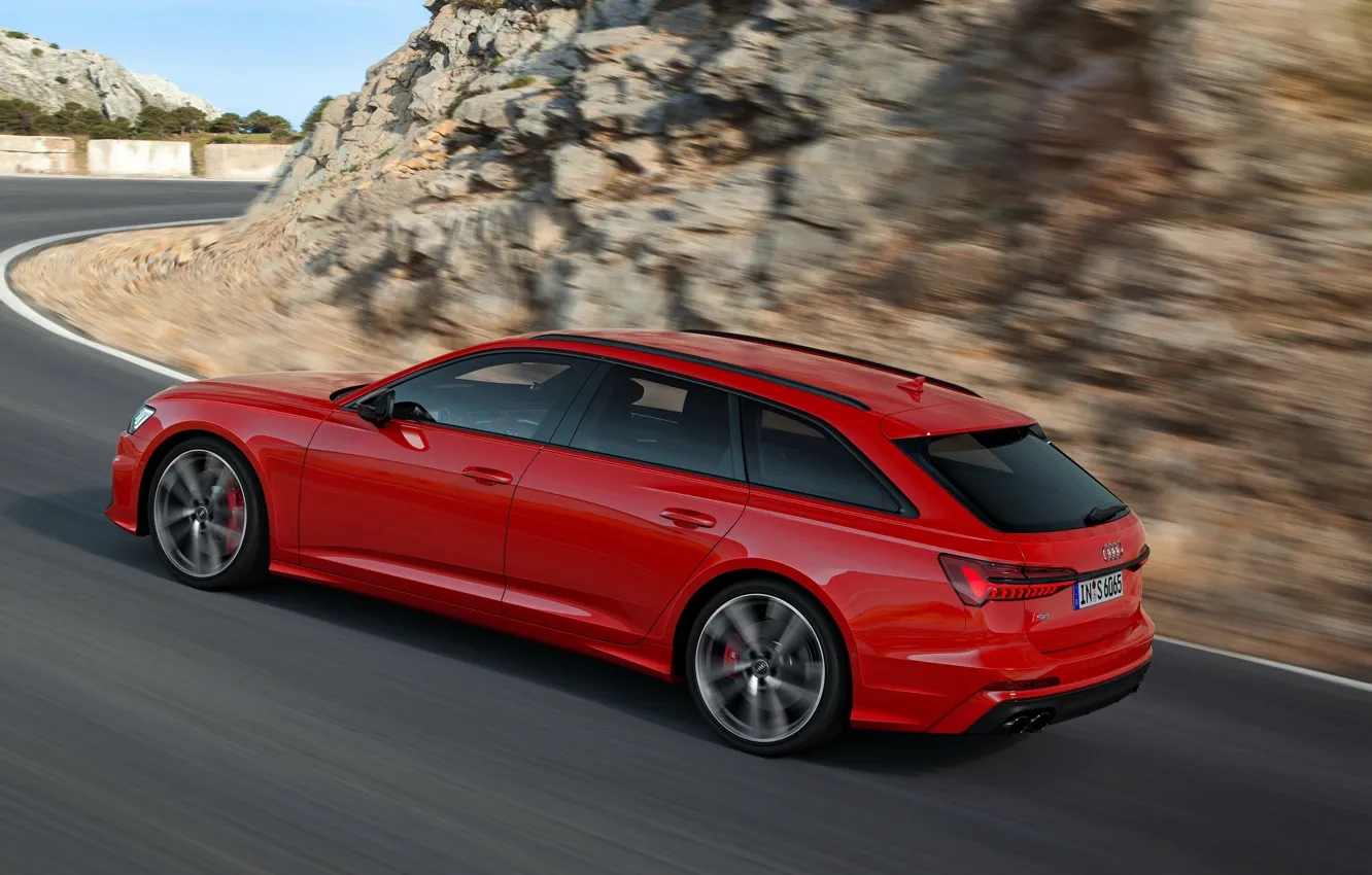 Фото обои красный, движение, Audi, сбоку, универсал, 2019, A6 Avant, S6 Avant
