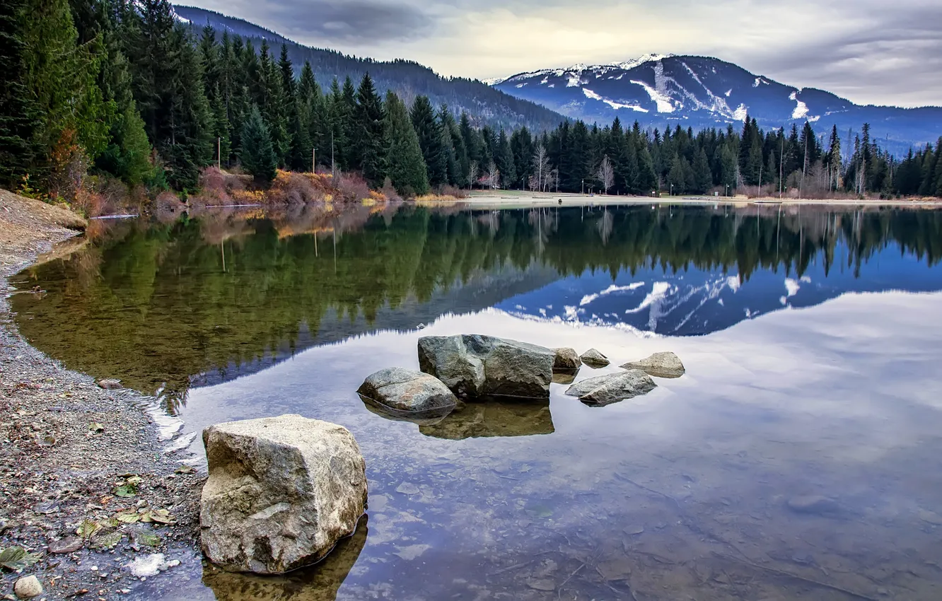 Фото обои лес, вода, горы, озеро, отражение, камни, берег, Канада