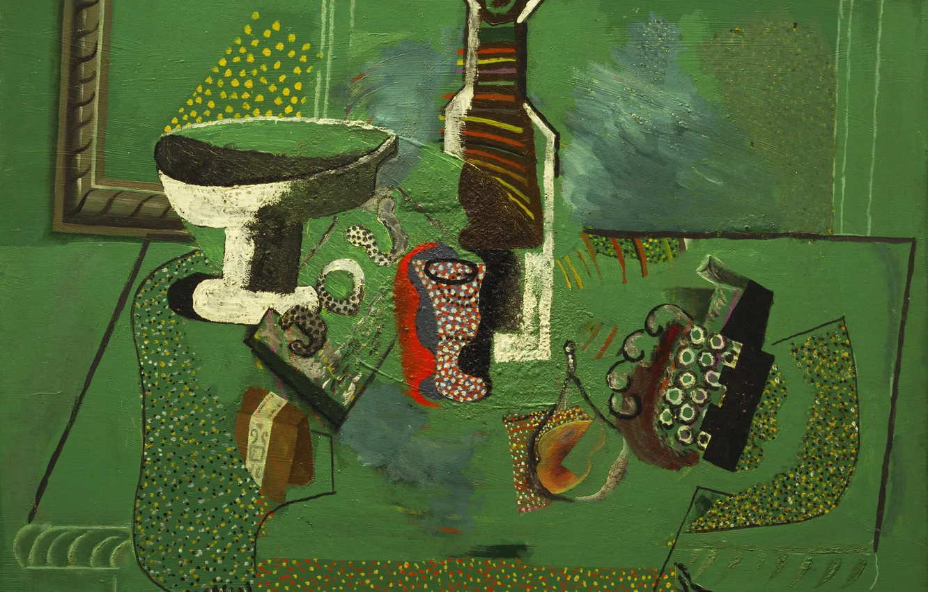 Фото обои абстракция, стол, обои, бутылка, картина, ваза, натюрморт, Green Still Life