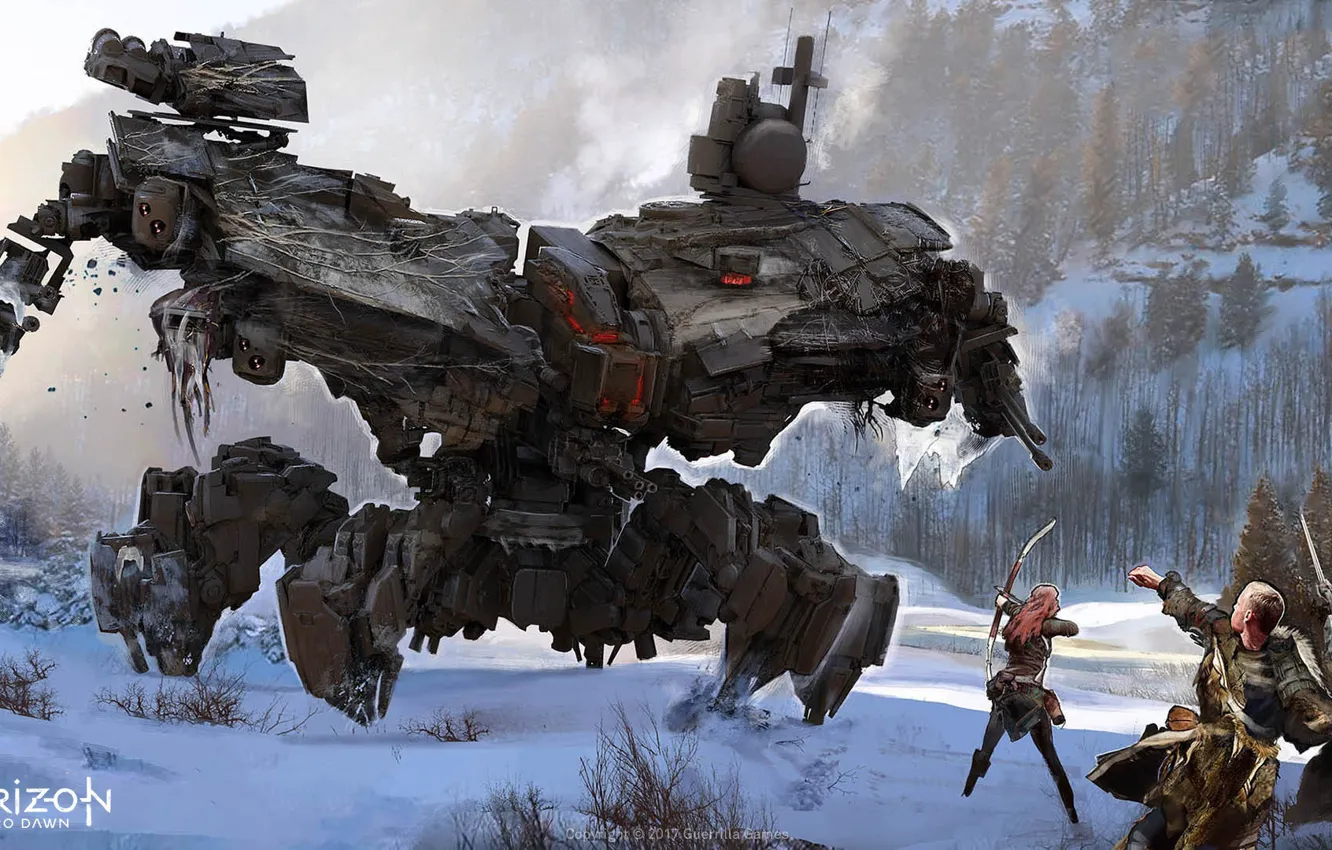 Фото обои горы, воин, horizon, deathbringer, ZERO DAWN