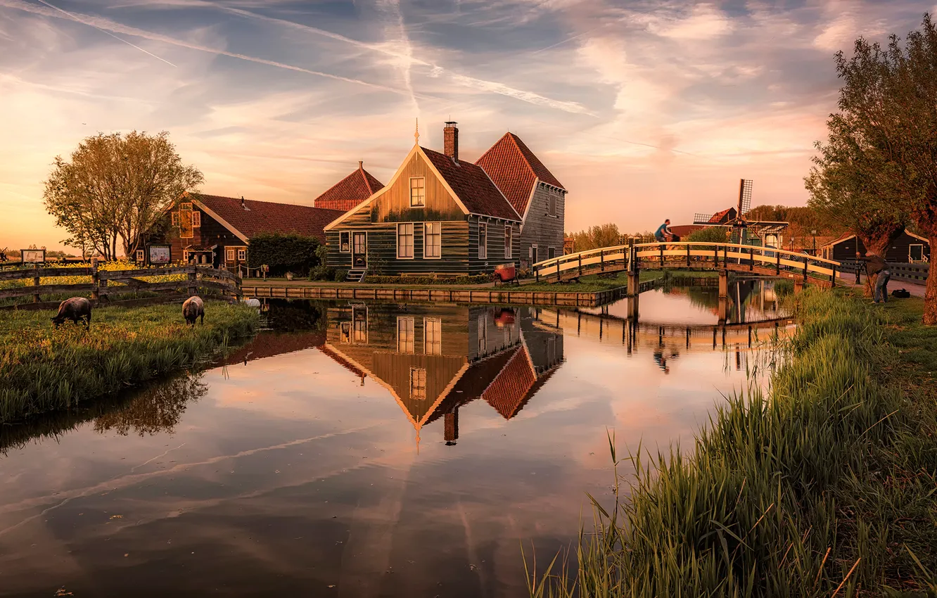 Фото обои мост, река, дома, Netherlands