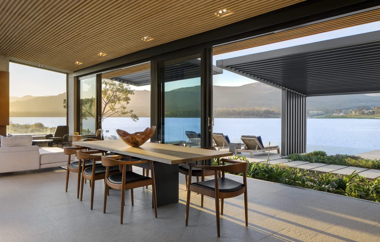Фото обои интерьер, столовая, большие окна, NONAGON style, Benguela Cove, by ARRCC interior design, dining room open …