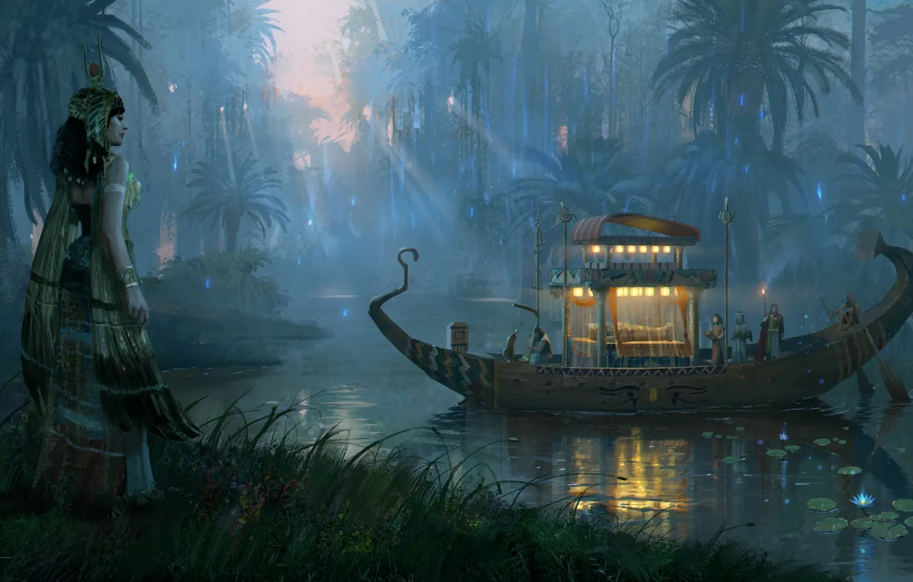 Фото обои река, пальмы, лодка, ритуал, шатёр, Osiris funeral, Path to duat
