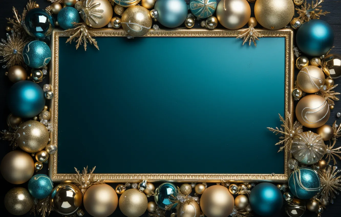 Фото обои украшения, темный фон, шары, рамка, Новый Год, Рождество, golden, new year
