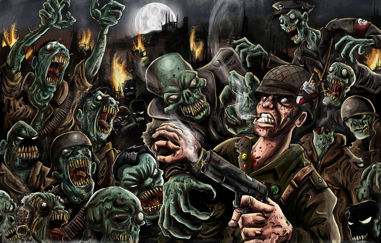 Фото обои пистолет, огонь, луна, солдат, зомби, zombies, the living dead, сигареты