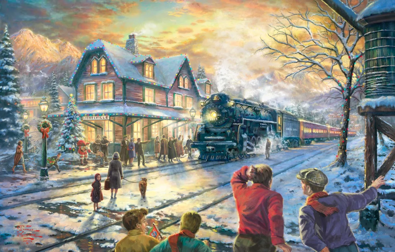 Фото обои зима, снег, огни, дом, праздник, поезд, ель, станция, вечер, Рождество, железная дорога, Новый год, ёлка, …