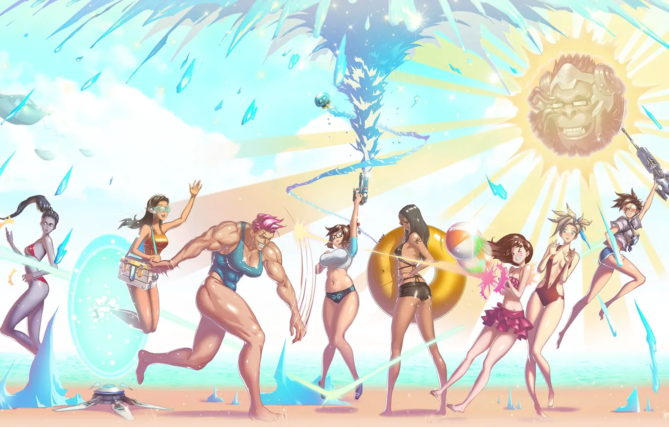 Фото обои пляж, купальник, лето, вода, девушки, Mei, Overwatch, Tracer