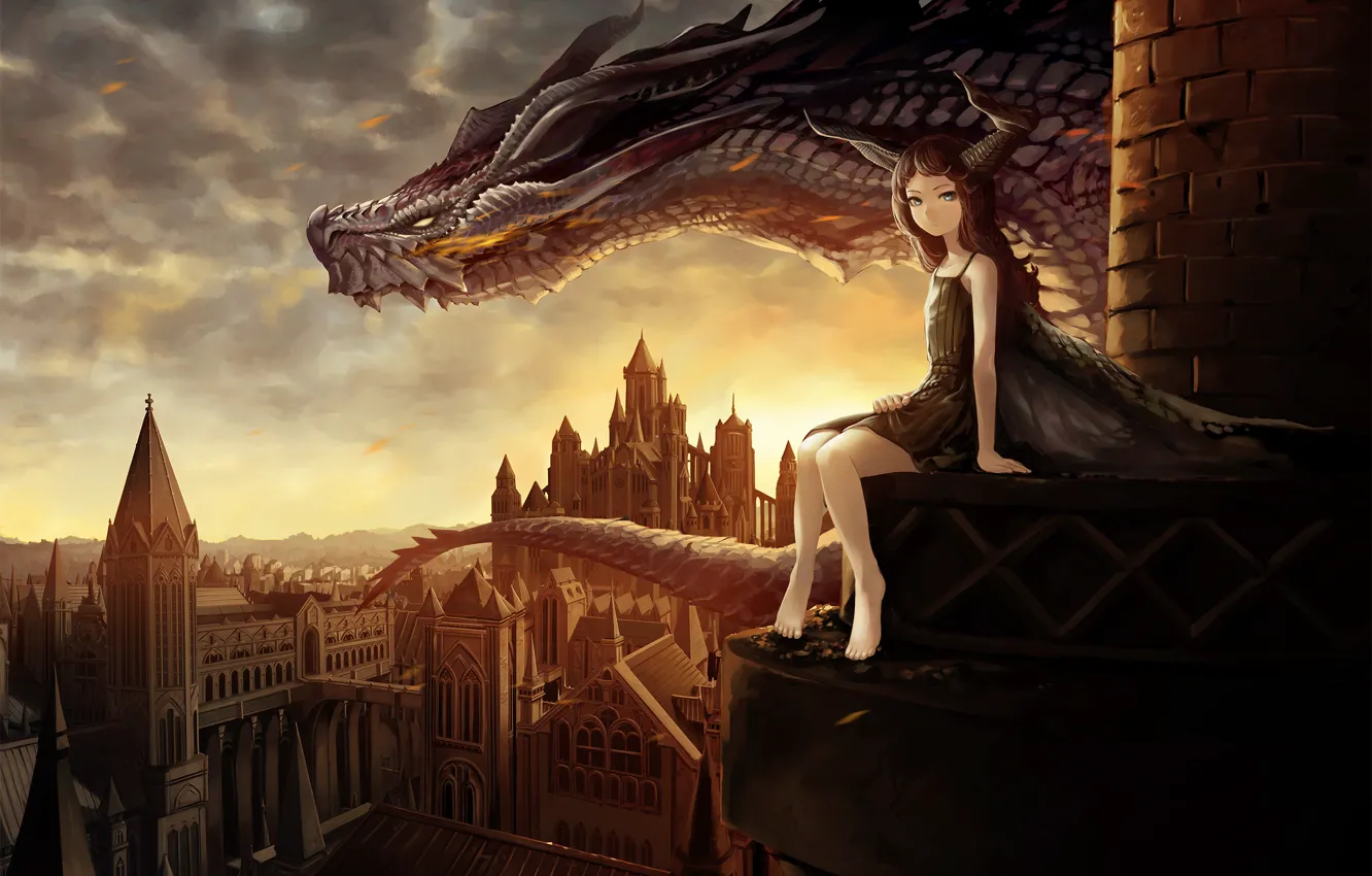 Фото обои город, дракон, девочка, art