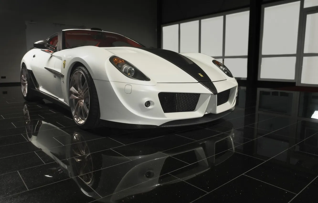 Фото обои машина, авто, белый, отражение, плитка, Ferrari
