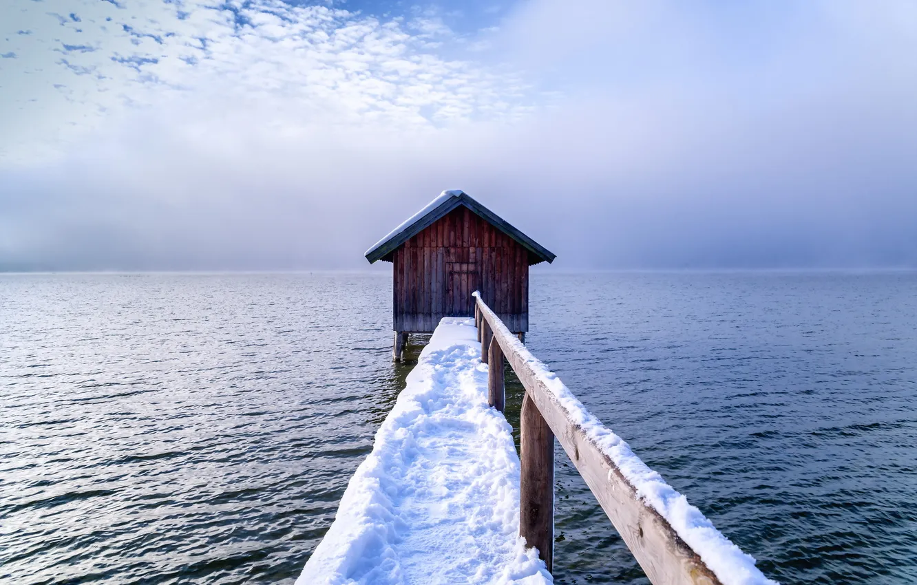 Фото обои зима, море, мост, утро
