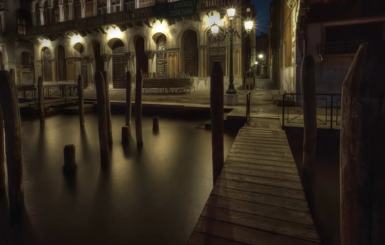 Фото обои вода, ночь, улица, фонарь, Венеция