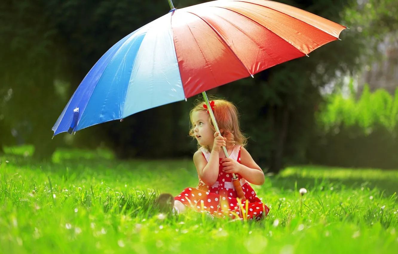 Фото обои Grass, Umbrella, Mood, Little girl