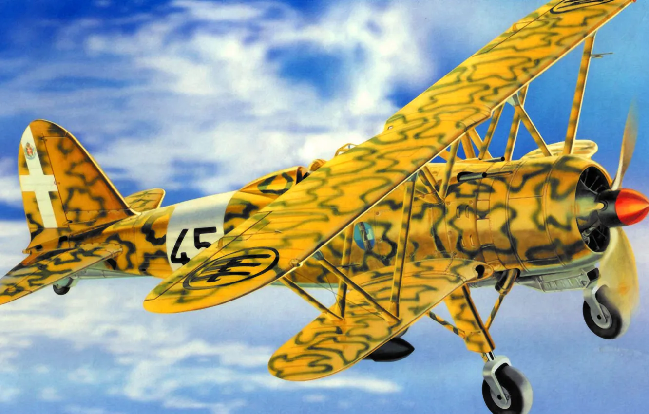 Фото обои war, art, airplane, painting, aviation, biplane, Fiat CR.42 Falco