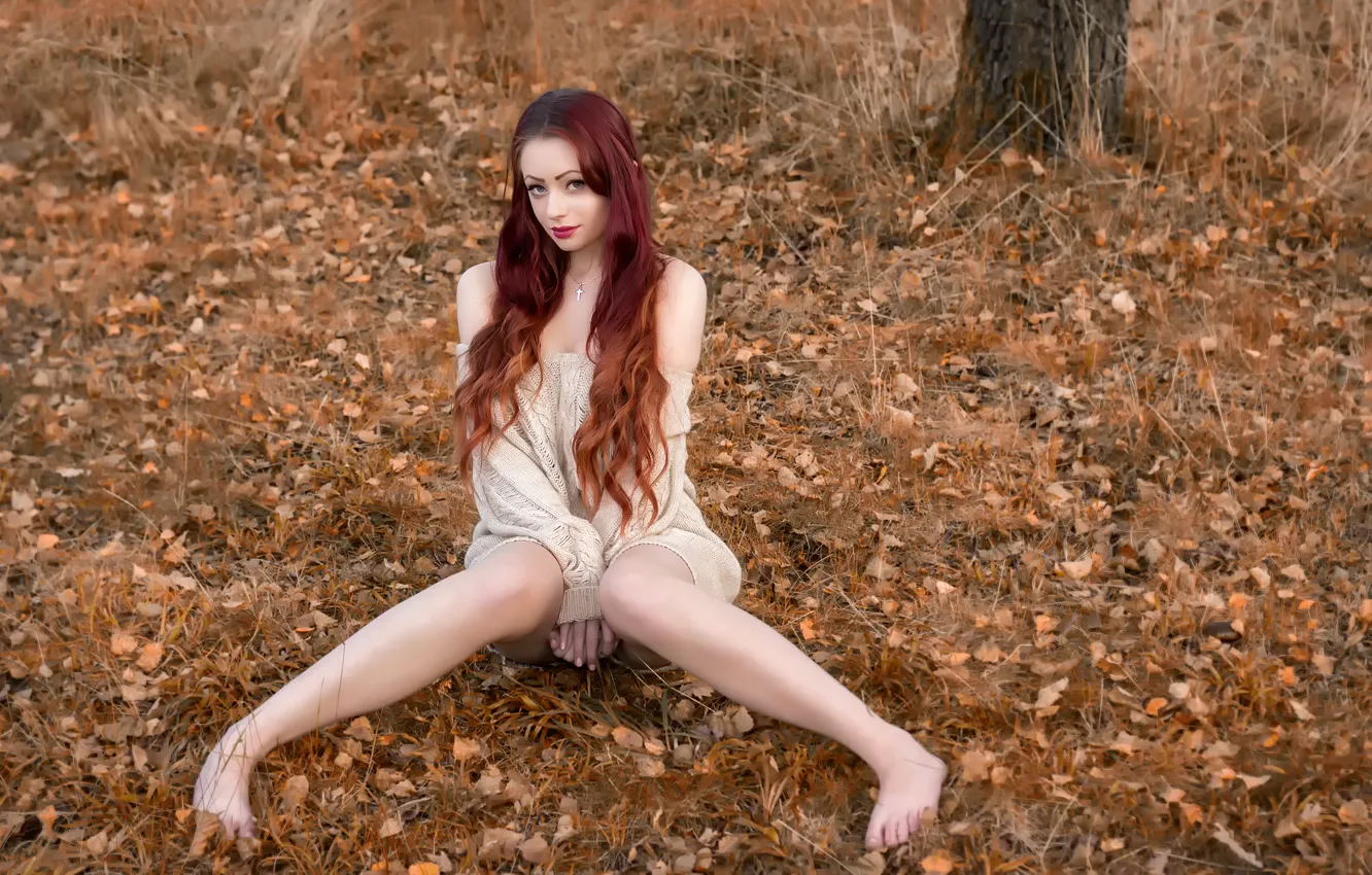 Фото обои осень, листья, девушка, ножки, Goddess of Autumn