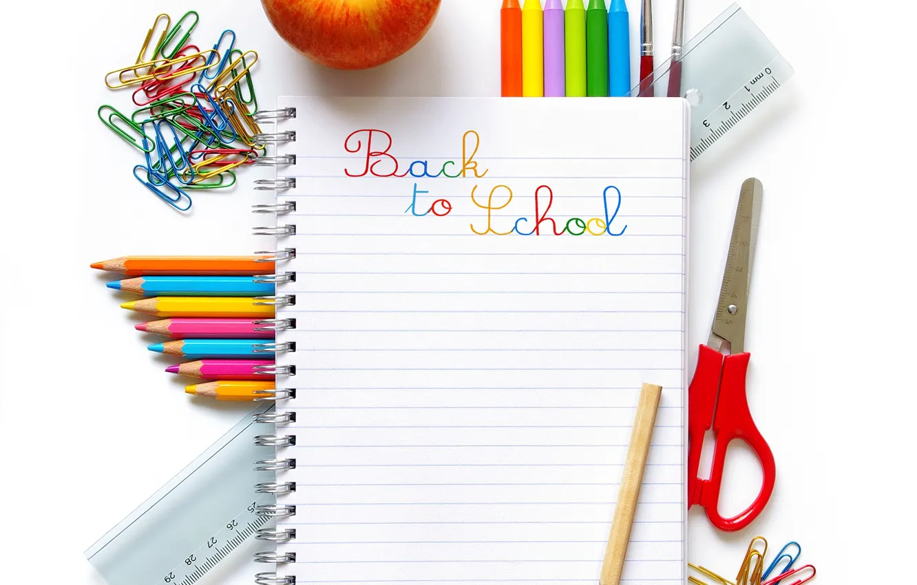 Фото обои яблоко, карандаши, блокнот, школа, ножницы, канцелярия