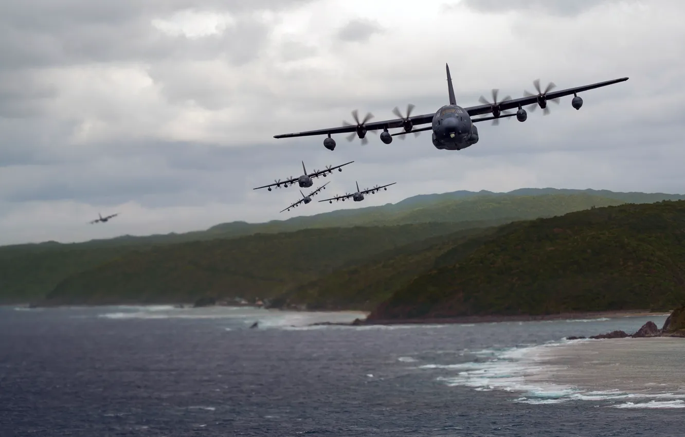 Фото обои United States Air Force, американский военно-транспортный самолёт, самолёт Сил специального назначения, MC-130J Commando II, Командование …