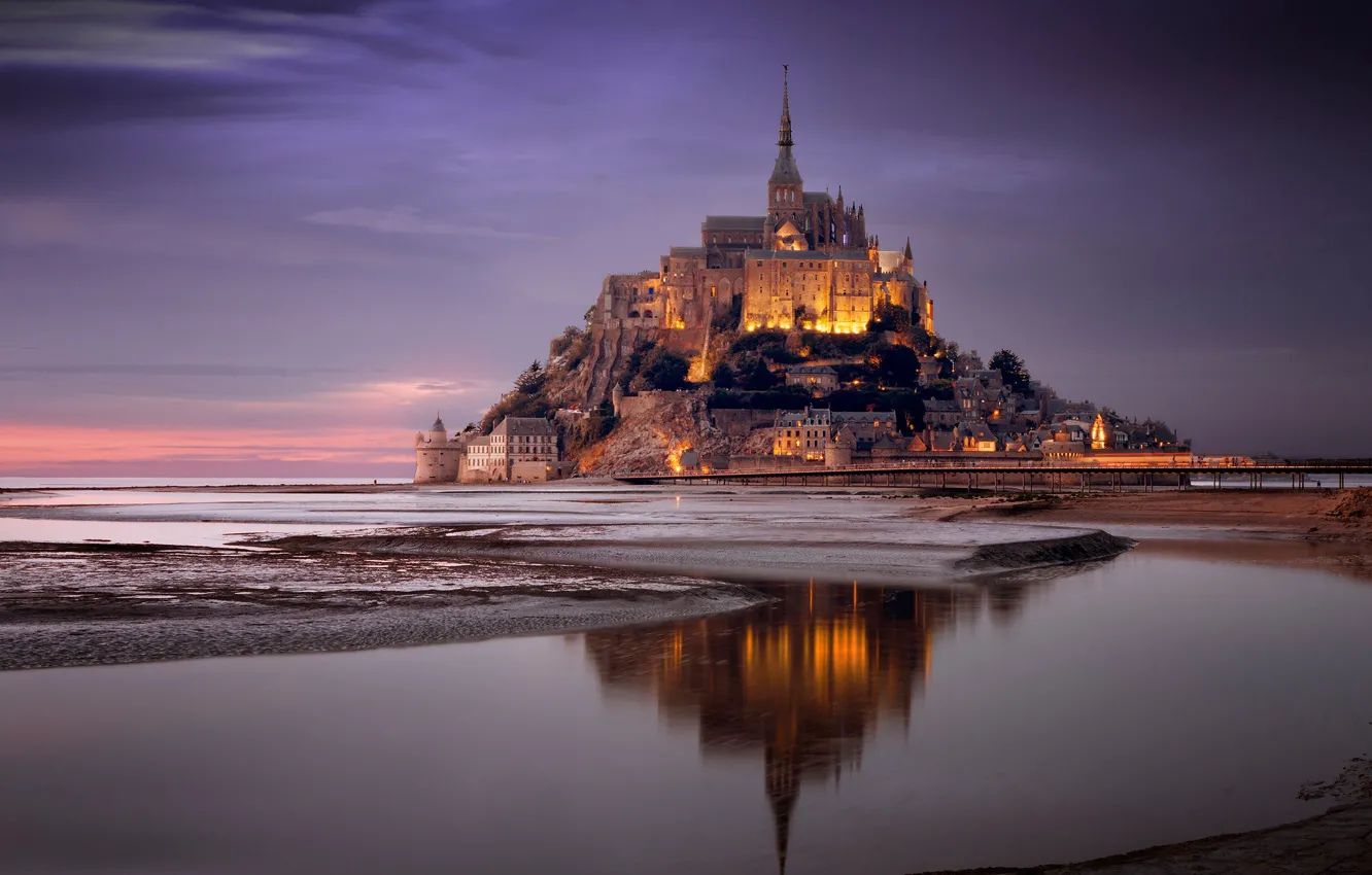 Фото обои скала, отражение, Франция, залив, крепость, France, Нормандия, Normandy