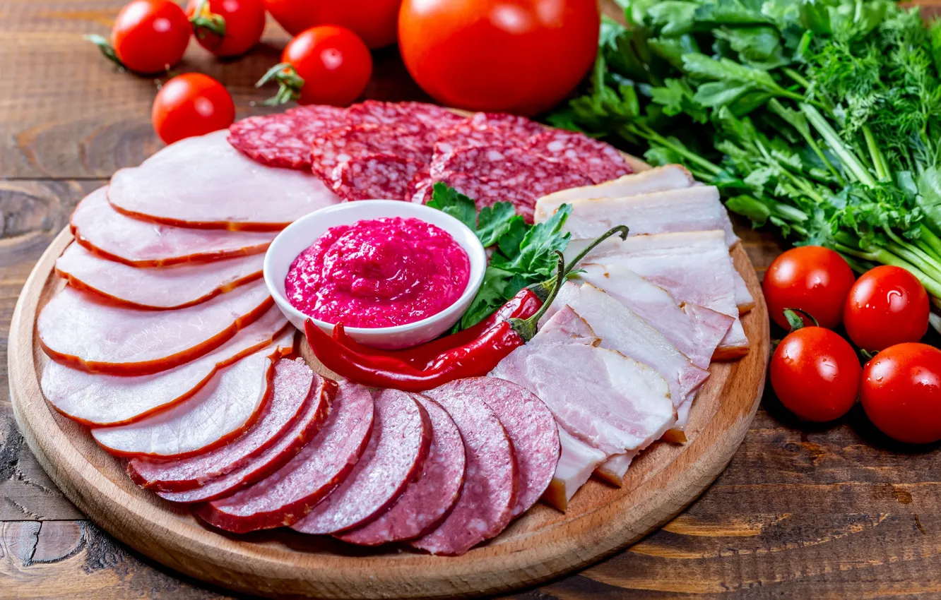 Фото обои соус, колбаса, нарезка