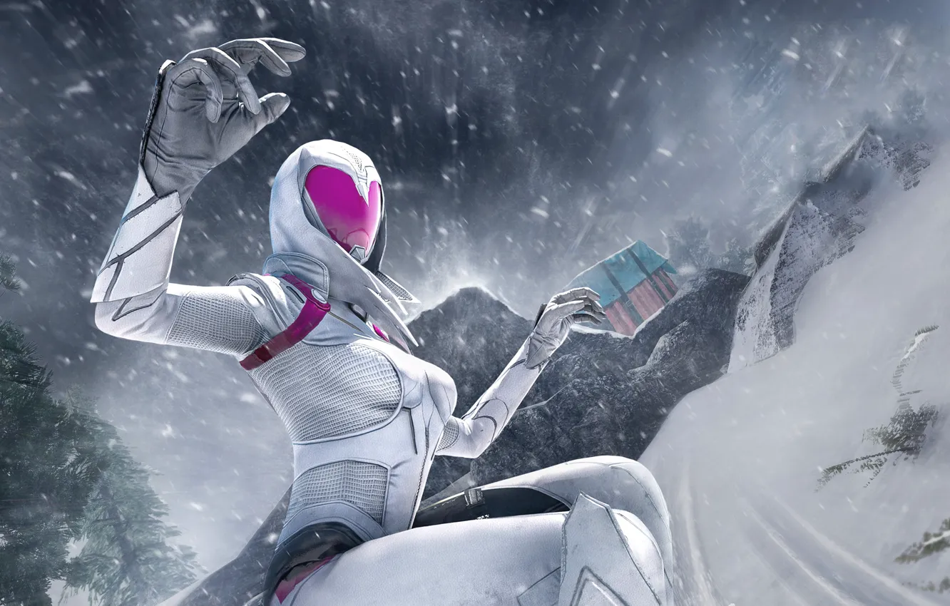 Фото обои зима, девушка, снег, скорость, склон, скафандр, шлем, PlayerUnknown's Battlegrounds