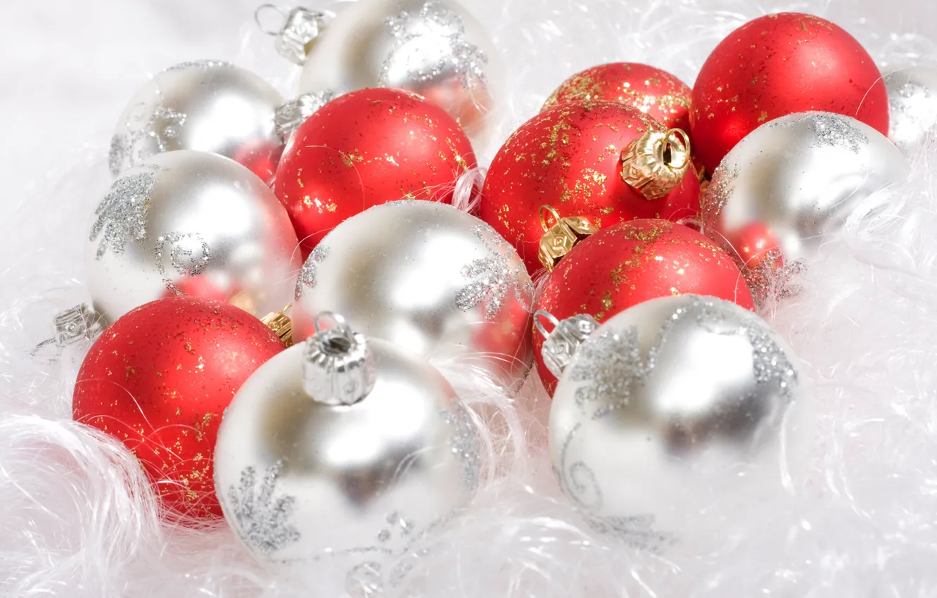 Фото обои белый, шарики, красный, праздник, новый год