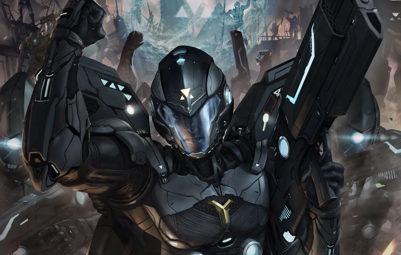 Фото обои оружие, рука, арт, солдат, шлем, броня, Galaxy Saga, CHRIS ng