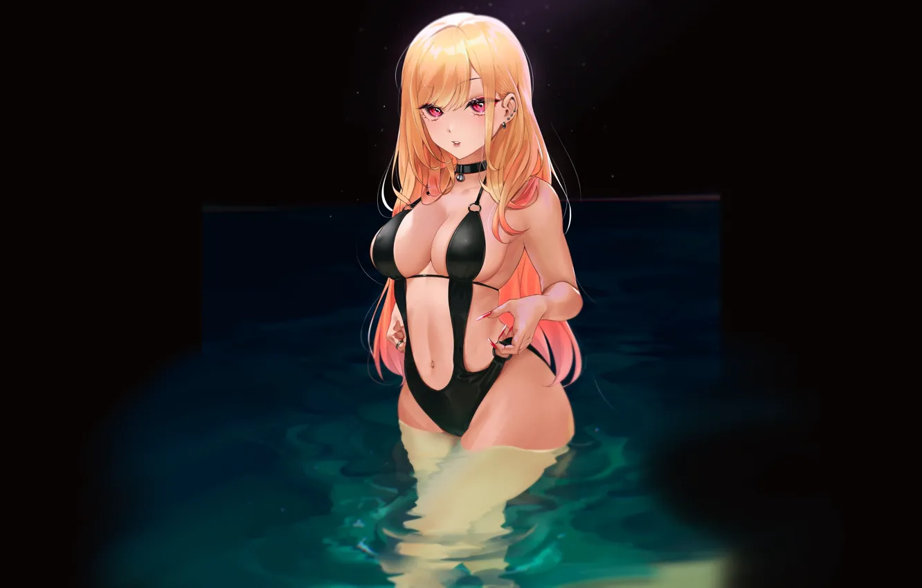 Фото обои girl, hot, wet, boobs, sexy girl, anime, water, figure