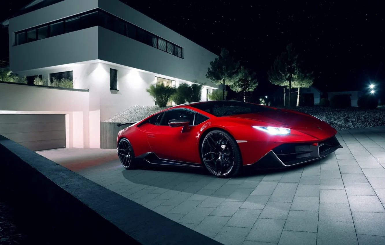 Фото обои ночь, красный, вилла, Lamborghini, Ламборджини, Novitec, Lamborghini Huracan, выезд