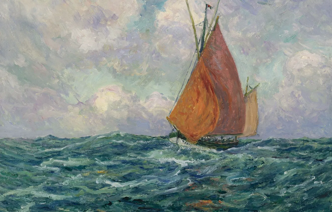 Фото обои картина, морской пейзаж, 1907, Maxime Maufra, Максим Мофра, Рыбацкая Лодка в Море