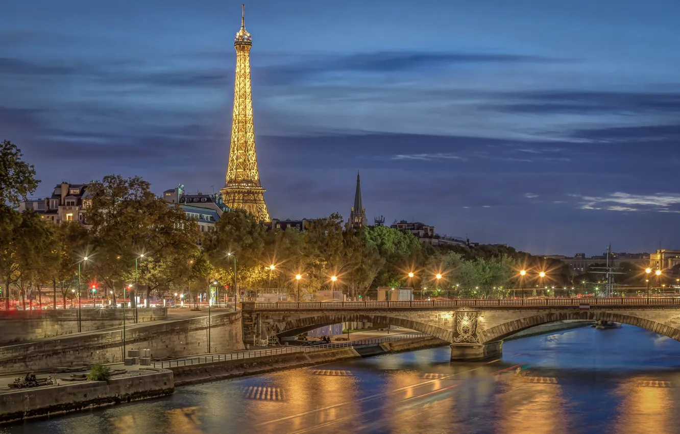Фото обои мост, река, Франция, Париж, Эйфелева башня, Paris, ночной город, набережная