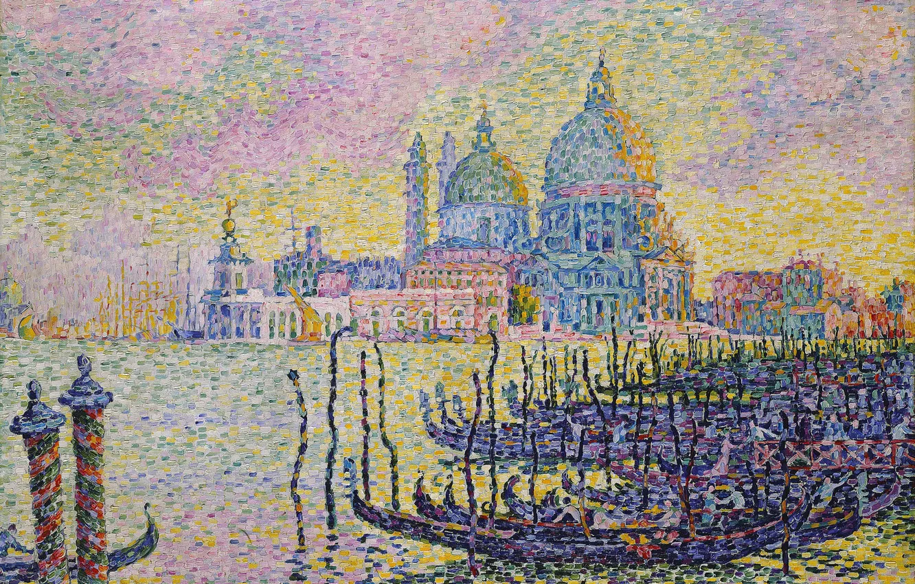 Фото обои лодка, картина, собор, гондола, Поль Синьяк, пуантилизм, Большой Канал. Венеция