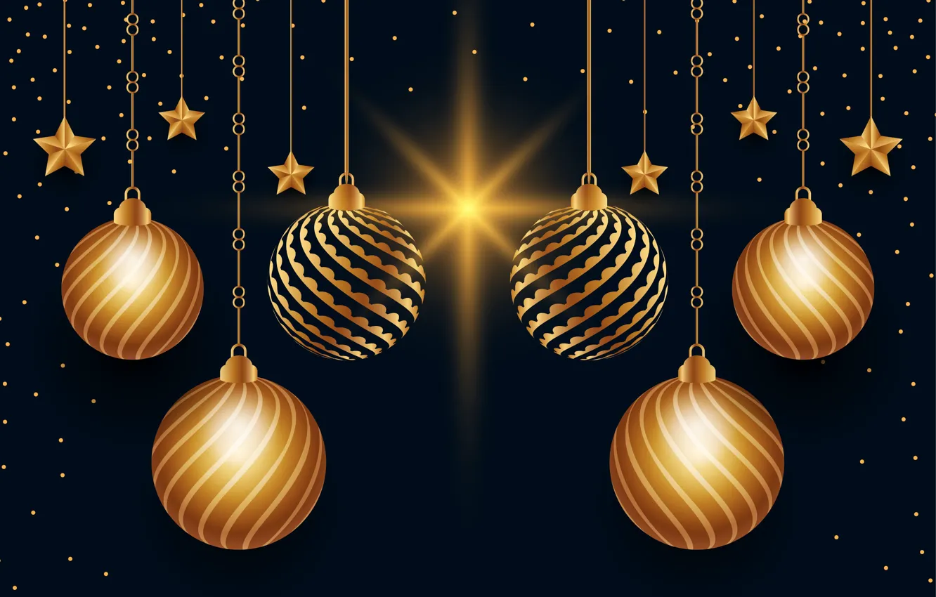 Фото обои украшения, золото, Рождество, Новый год, golden, christmas, черный фон, new year