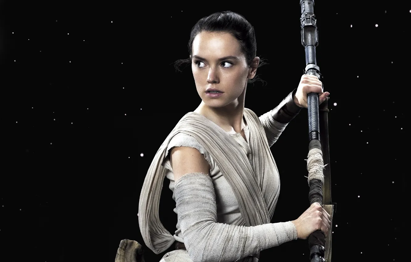 Фото обои небо, девушка, звезды, фантастика, черный фон, Star Wars: The Force Awakens, Звёздные войны: Пробуждение силы, …