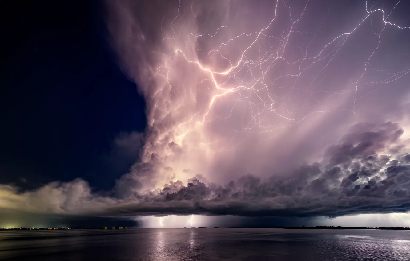 Фото обои море, гроза, облака, стихия, молния, sea, lightning, clouds