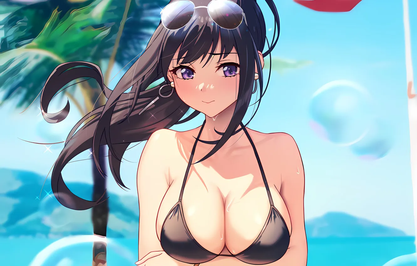 Фото обои girl, sexy, wet, cleavage, beach, long hair, boobs, anime