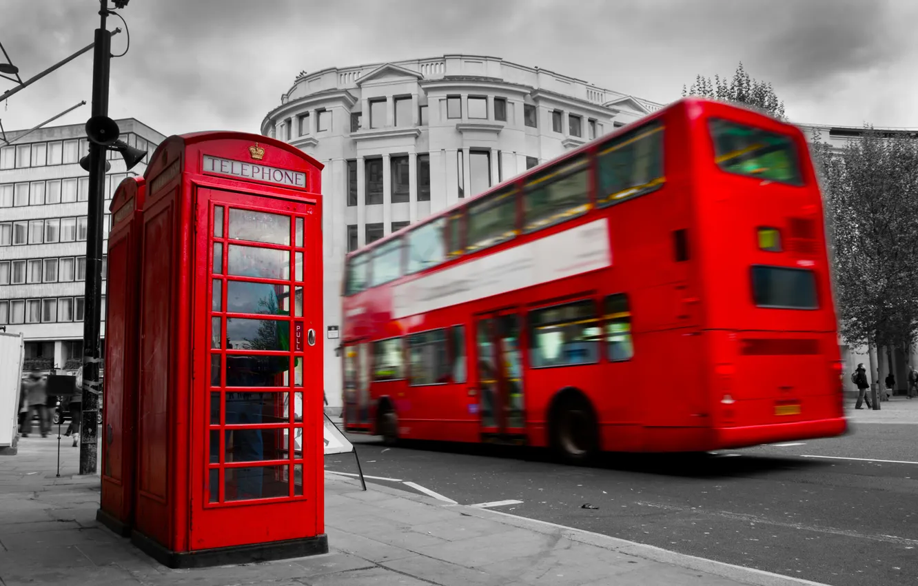 Фото обои Лондон, London, England, telephone, red bus