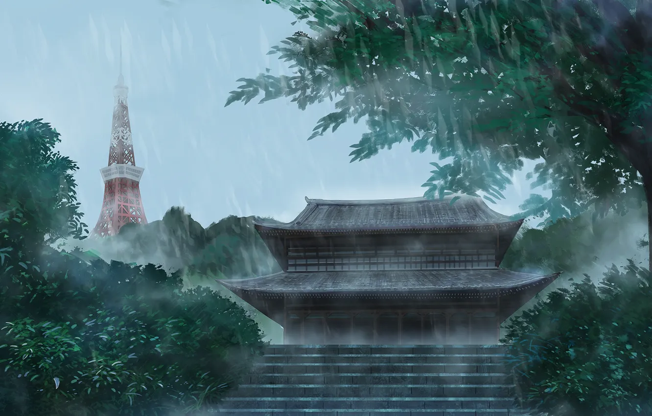 Фото обои деревья, храм, ливень, токийская башня