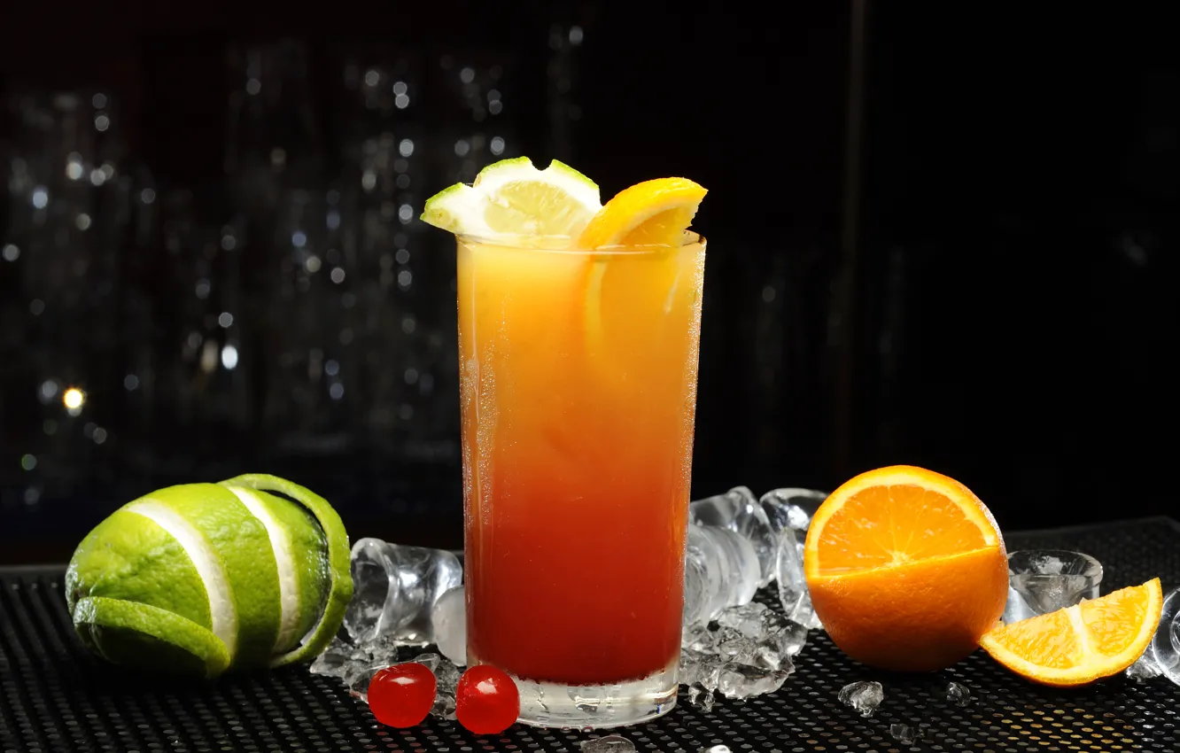 Фото обои лед, вишня, стакан, апельсин, сок, коктейль, лайм, цитрусы
