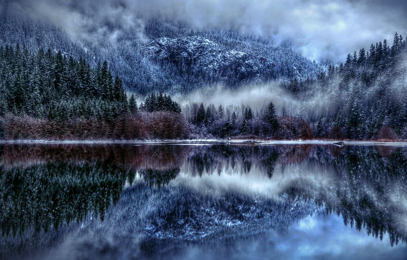Фото обои зима, снег, природа, туман, озеро