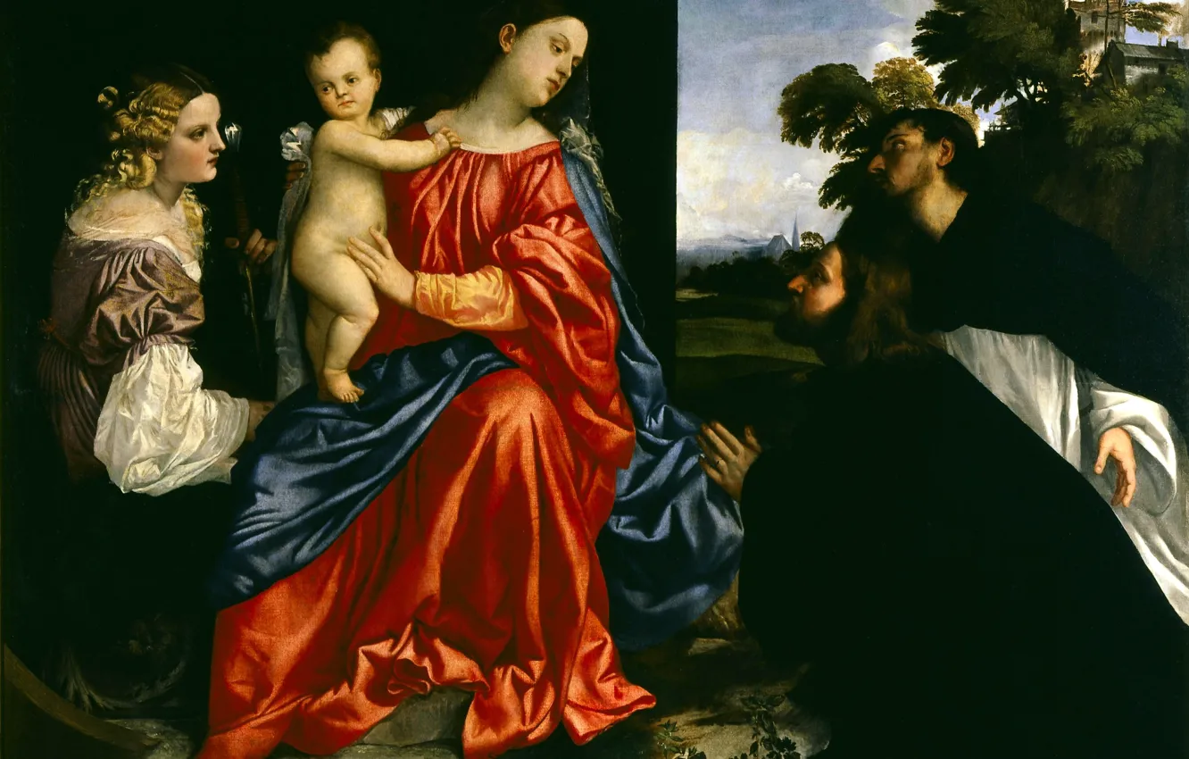 Фото обои Titian Vecellio, Мадонна с младенцем, 1512-1516, св.Домиником и донатором, св.Екатериной