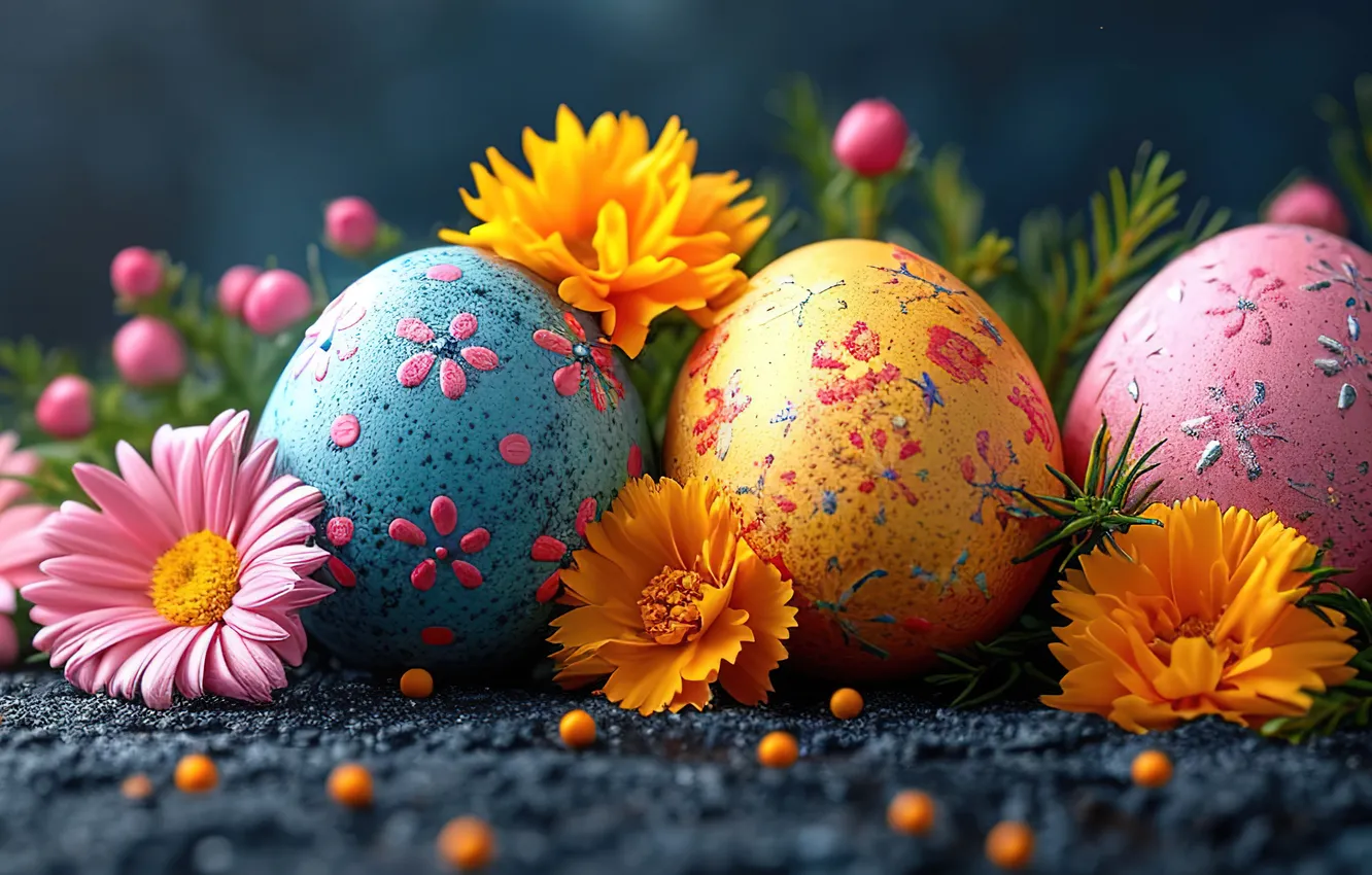 Фото обои цветы, яйца, весна, colorful, Пасха, happy, flowers, spring