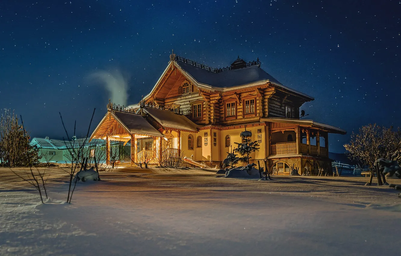 Фото обои зима, небо, снег, пейзаж, ночь, природа, дом, звёзды