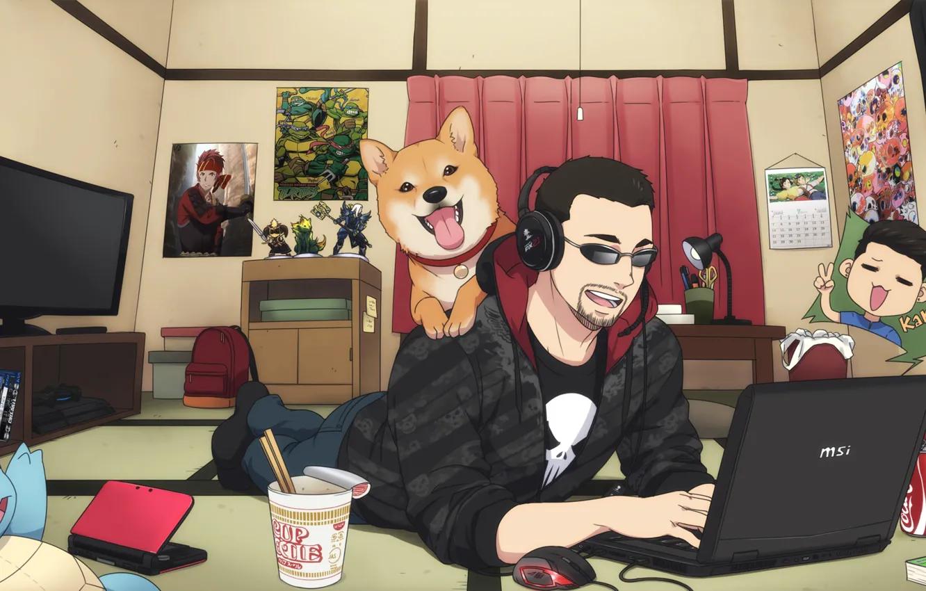 Фото обои собака, аниме, наушники, арт, очки, ноутбук, парень комната