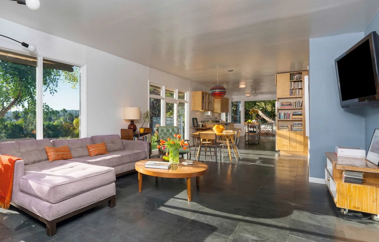Фото обои дизайн, интерьер, кухня, Лос-Анджелес, Los Angeles, ретро стиль, гостиная, столовая